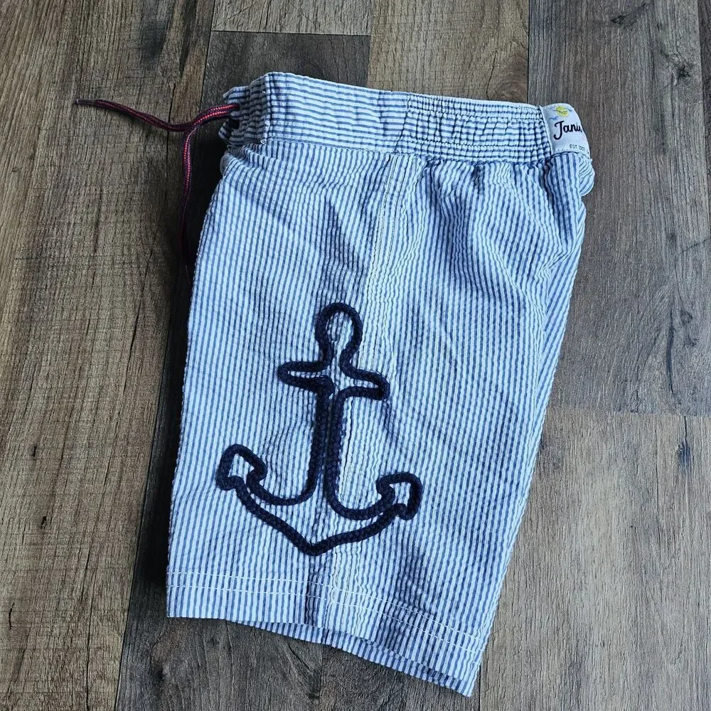Janie and Jack Nautical Seersucker Swim Trunks Anchor Blue White 3T